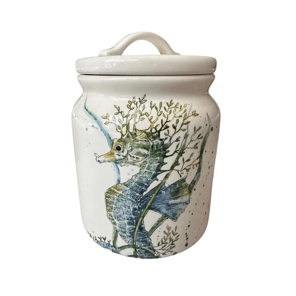 Vintage Pier 1 Imports Ironstone Seahorse Ceramic Kitchen Canister Jar With Lid